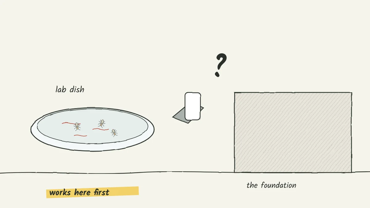 Sketch of a petri dish with a few dead termites beside a garden sprayer and a house foundation, with a question mark between them