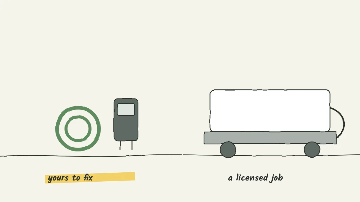 Sketch of a garden hose, a moisture meter and a trowel on one side and a large termiticide tank on a truck on the other, with a dotted line between them