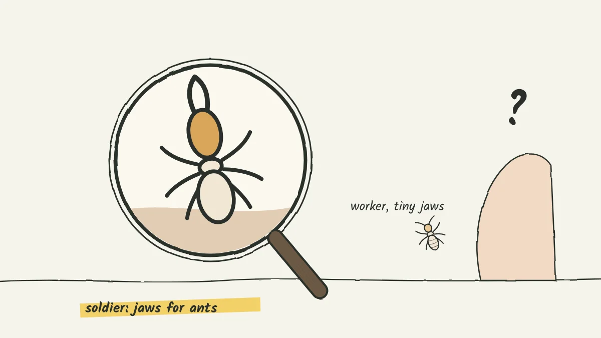 Sketch of a magnified termite soldier with large jaws beside a much smaller worker, with a hand in the background and a question mark
