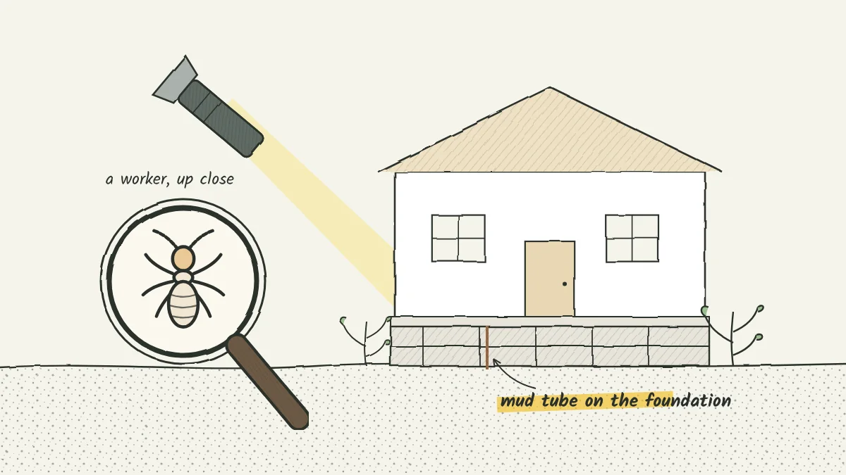 Sketch of a homeowner checking a foundation for mud tubes with a flashlight
