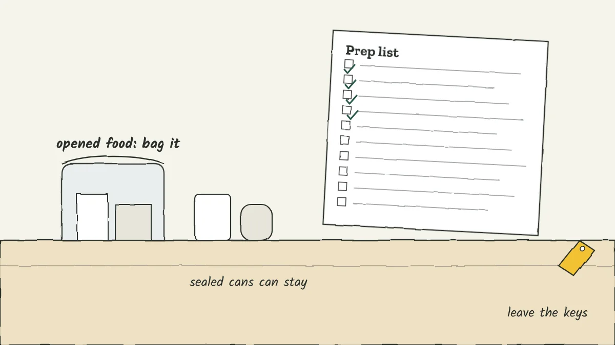 Sketch of a kitchen counter with food items going into a sealed fumigation bag, a checklist with ticks, and a house key on a tag