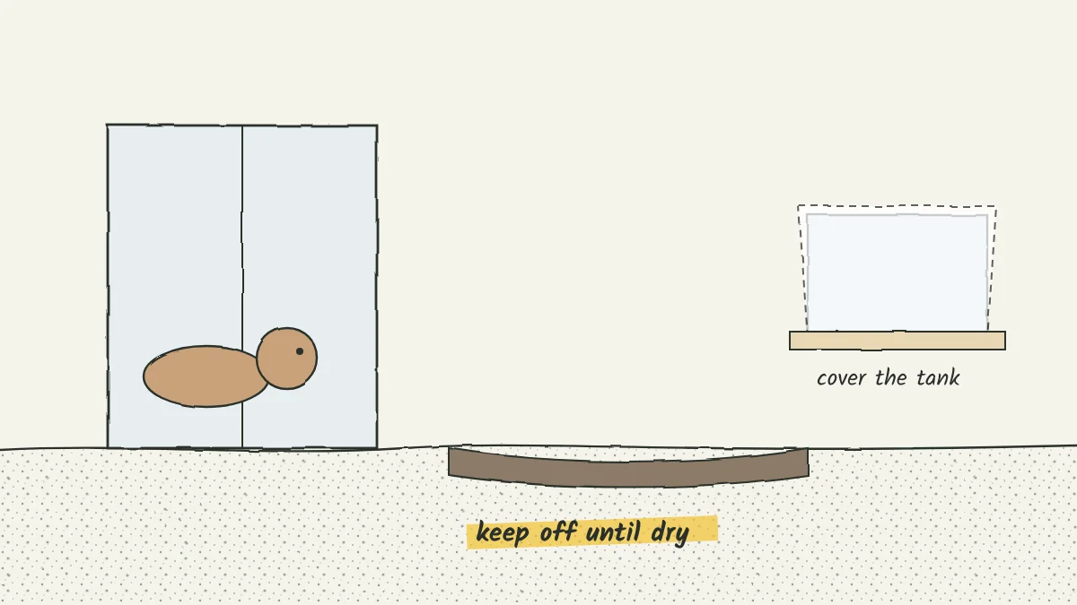 Sketch of a dog behind a closed glass door looking out at a freshly dug trench along a house foundation, with a covered fish tank on a table inside