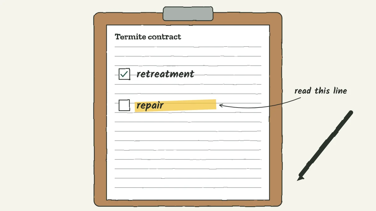Sketch of a termite contract on a clipboard with two checkboxes, retreatment and repair, and a yellow highlight over the repair box