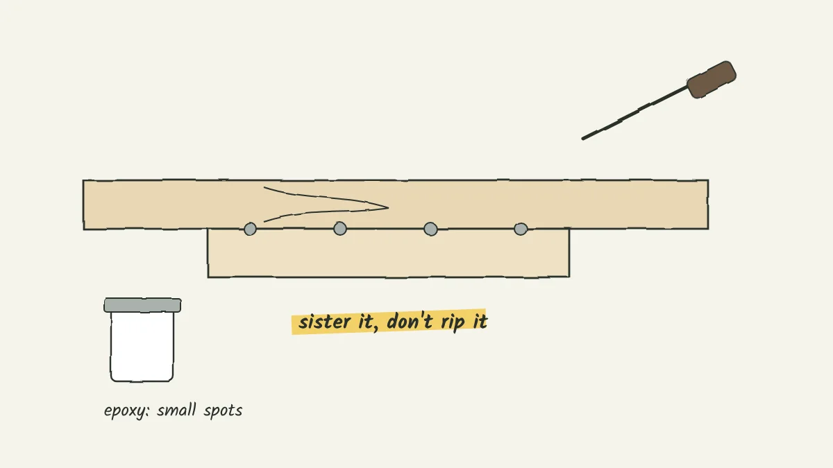 Sketch of a damaged floor joist with a new board bolted alongside it, an ice pick resting on the old wood and a small can of epoxy nearby