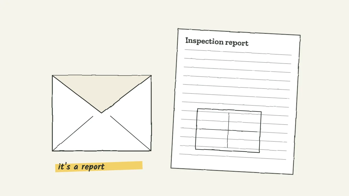 Sketch of an envelope marked termite letter opening to reveal a multi-page inspection form with a diagram of a house