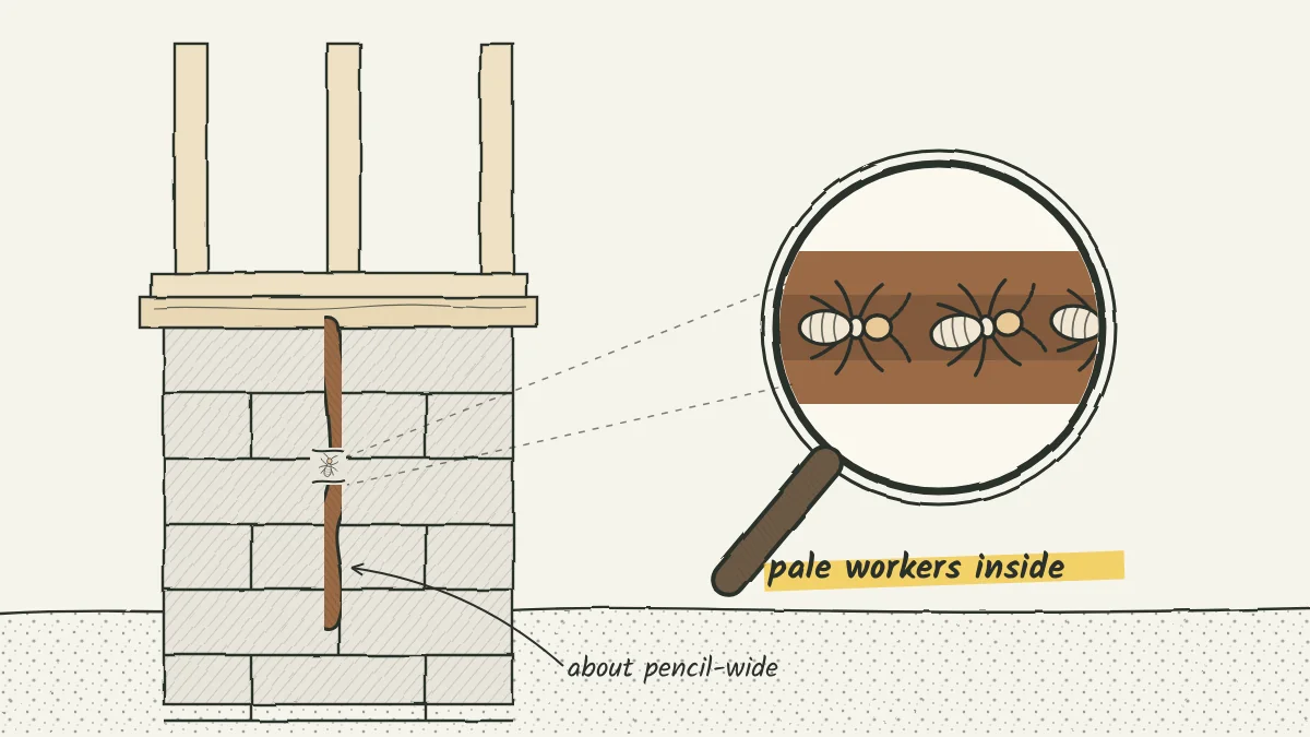Sketch of a mud tube climbing a concrete foundation to a wooden sill, with a broken section showing pale worker termites inside