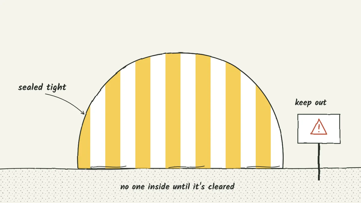 Sketch of a house covered by a striped fumigation tent, with a warning sign staked in the front yard