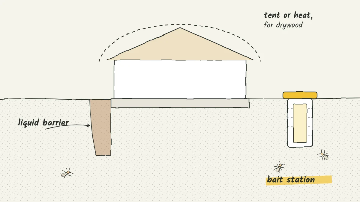 Sketch of a house cut away to show a liquid barrier in the soil on one side and a bait station in the yard on the other, with a tent outline above for drywood termites