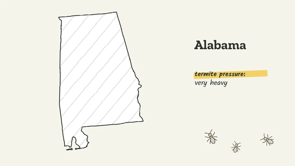 Sketch map of Alabama labeled with very heavy termite pressure