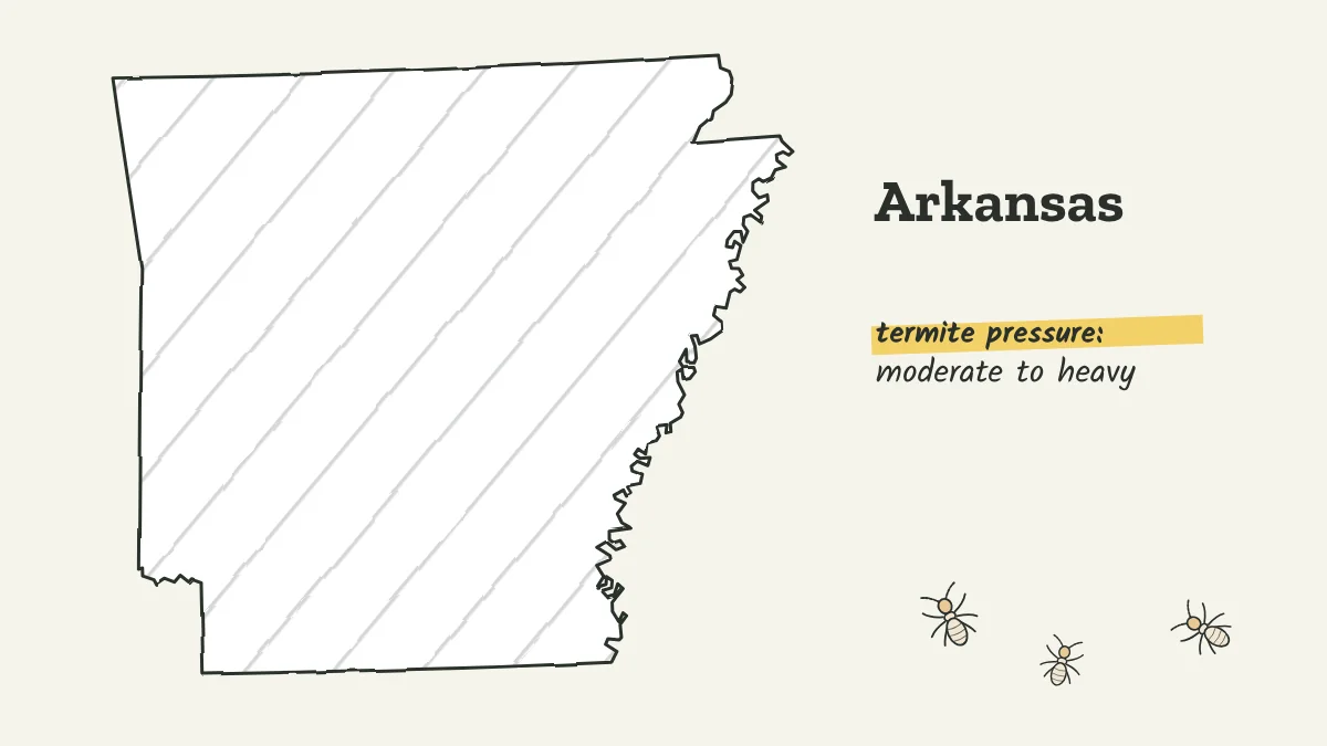 Sketch map of Arkansas labeled with moderate to heavy termite pressure
