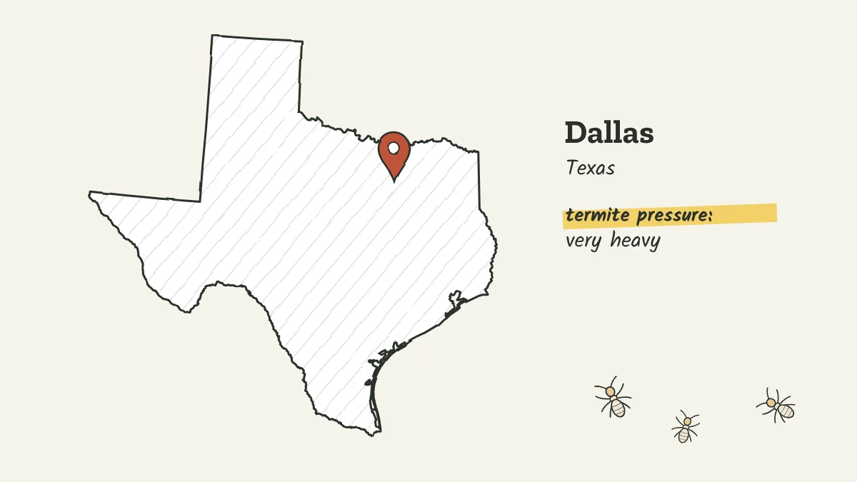 Sketch map of Texas with a pin on Dallas in North Texas