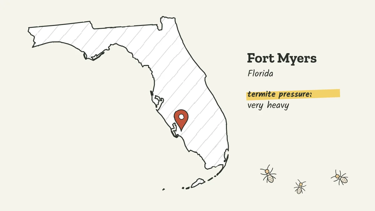 Sketch map of Florida with a pin on Fort Myers on the southwest Gulf coast