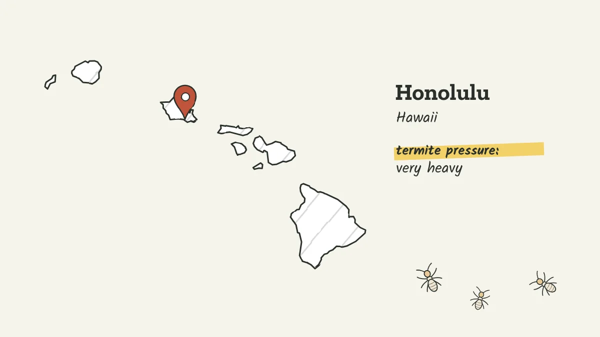 Sketch map of the Hawaiian Islands with a pin on Honolulu on the island of Oahu