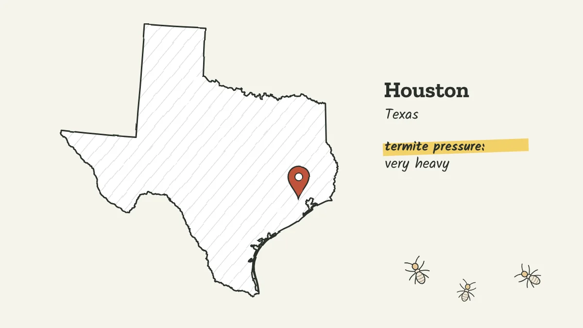 Sketch map of Texas with a pin on Houston near the Gulf Coast