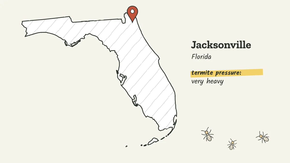 Sketch map of Florida with a pin on Jacksonville in the northeast corner