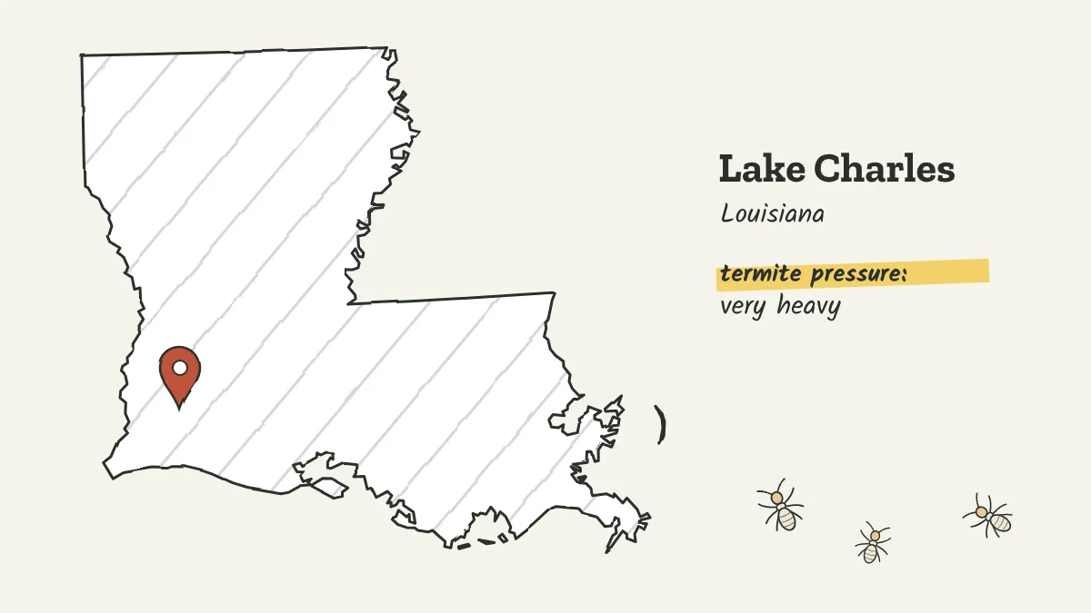 Sketch map of Louisiana with a pin on Lake Charles in the southwest corner