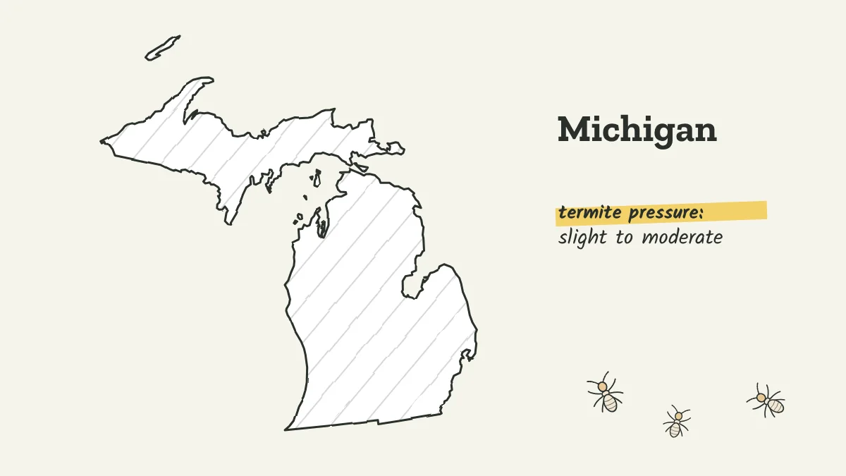 Sketch map of Michigan labeled with slight to moderate termite pressure