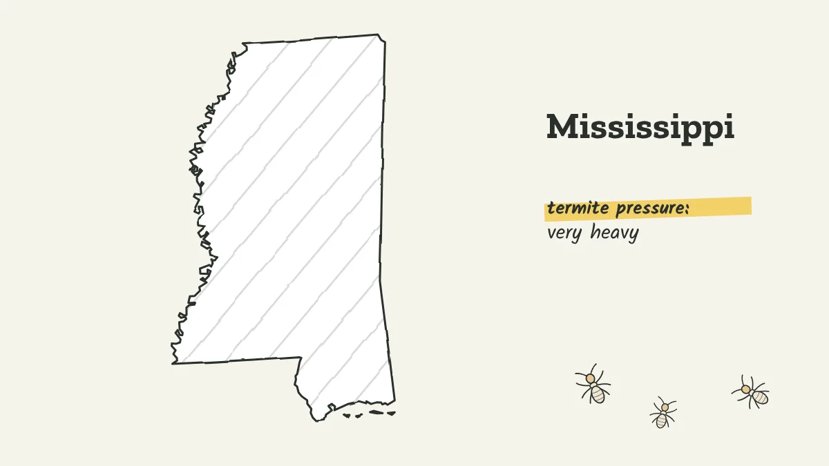 Sketch map of Mississippi labeled with very heavy termite pressure