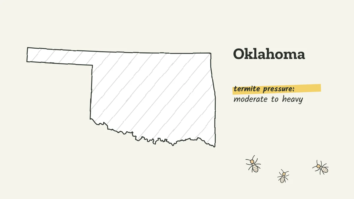 Sketch map of Oklahoma labeled with moderate to heavy termite pressure