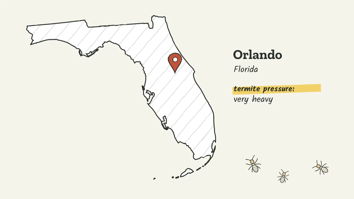 Sketch map of Florida with a pin on Orlando in the center of the peninsula