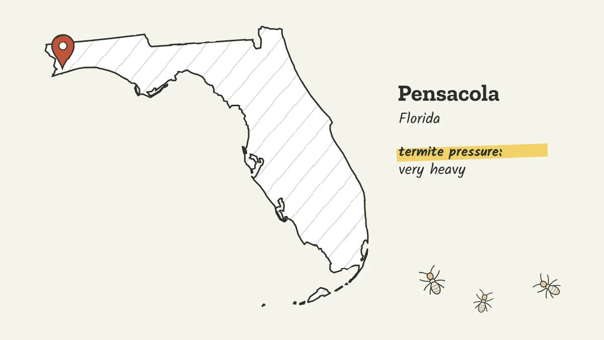 Sketch map of Florida with a pin on Pensacola at the western end of the Panhandle