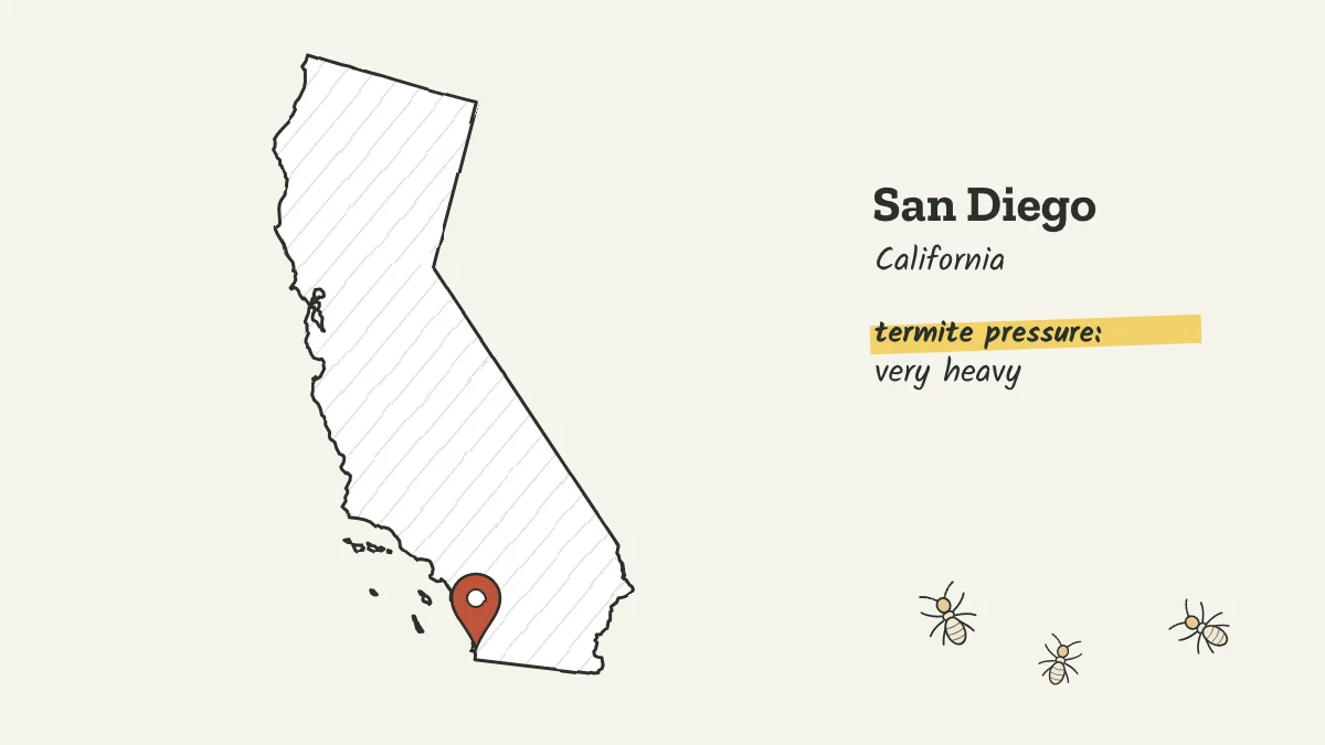 Sketch map of California with a pin on San Diego in the far southwest corner
